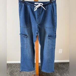 Tinseltown Wide-Leg Cozy Cargo Drawstring Jeans Dark Blue Size Medium